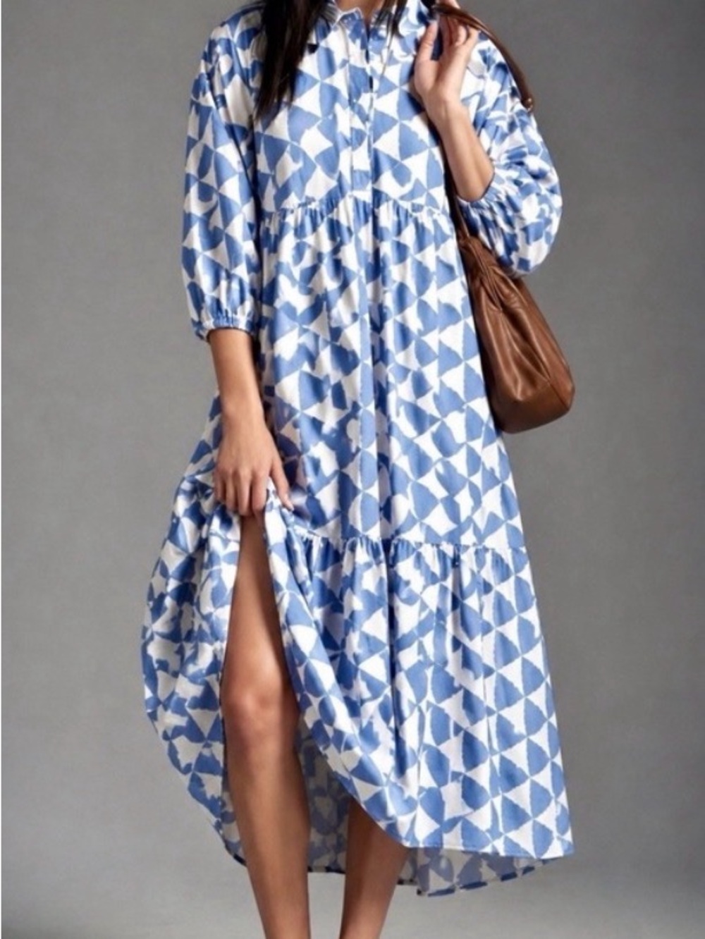 Anthropologie Maeve Bettina Blue Geometric Tiered Maxi Dress